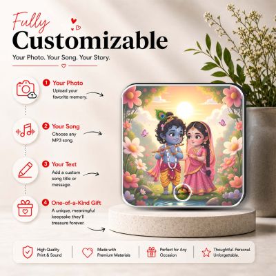 Shri Radha Krishna Musical Fridge Magnet Religious Decoration for Pooja Room, Home Decor Item for Living Room, Office Music Player with Rechargeable Speaker Spiritual Gift for Birthday